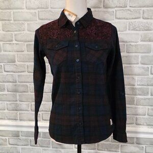 Silver Jeans Flannel Lace Button Up Shirt Burgundy Red Cozy Relaxed NEW Girls 12